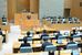 新型コロナの警戒度引き下げについて考えを述べる福田知事＝15日午前、県議会本会議場