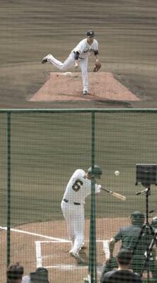 実戦形式の打撃練習に登板し、坂本(手前)と対戦する巨人・田中将=那覇