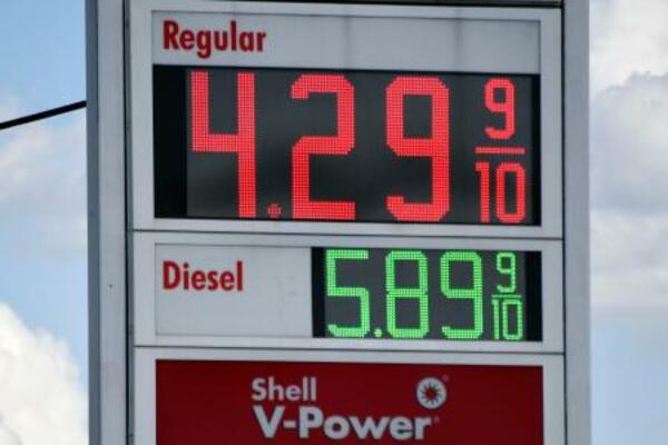 　ガソリンスタンドのレギュラーガソリンの価格表示（上）＝３月３１日、米フロリダ州タンパ（共同）