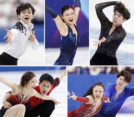 　フィギュアスケート団体銀の日本チーム演技。左上から時計回りに男子ＳＰ鍵山優真、女子ＳＰ坂本花織、男子フリー佐藤駿、アイスダンス・フリー吉田唄菜、森田真沙也組、ペア・ＳＰ三浦璃来、木原龍一組＝イタリア・ミラノ（共同）
