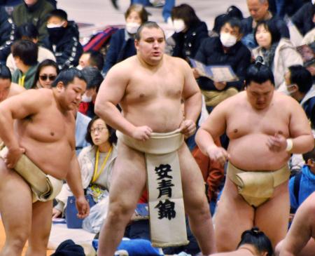 　冬巡業に臨む安青錦（中央）＝神奈川県小田原市