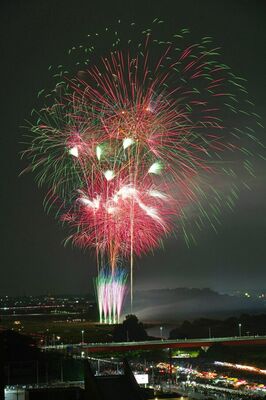 足利市内の夜空を彩った３年ぶりの花火大会＝６日午後７時40分、同市通２丁目