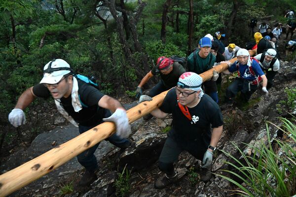 杉丸太を担いで梵天道を上る担ぎ手たち=14日午前、足利市小俣町