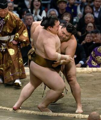 　霧島（奥）が寄り倒しで王鵬を破る＝エディオンアリーナ大阪