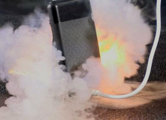 充電中のモバイルバッテリーが出火する様子(NITE提供)