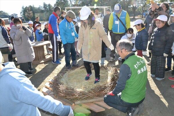 内巣のわらを踏み固める児童
