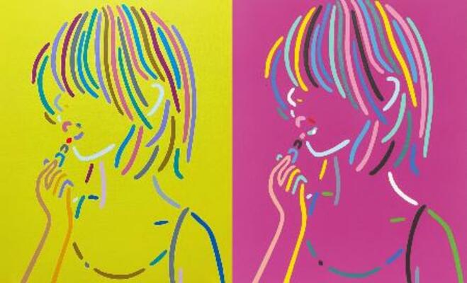 　井上晋太郎「Ｔｈａｔ　Ｗｏｍａｎ：Ｐｉｎｋ　５」「Ｔｈａｔ　Ｗｏｍａｎ：Ｙｅｌｌｏｗ　３」（いずれも、２０２５　Ａｃｒｙｌｉｃ　ｏｎ　ｃａｎｖａｓ　８０３×６５２ｍｍ）（提供写真）