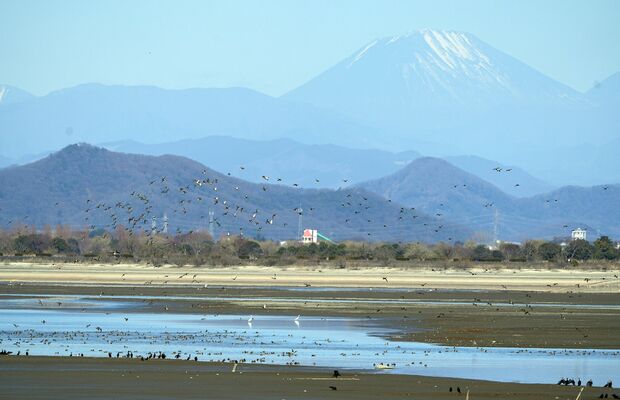 干し上げで湖底が見えるようになった谷中湖