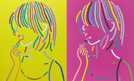 井上晋太郎「That Woman:Pink 5」「That Woman:Yellow 3」(いずれも、2025 Acrylic on canvas 803×652mm)(提供写真)