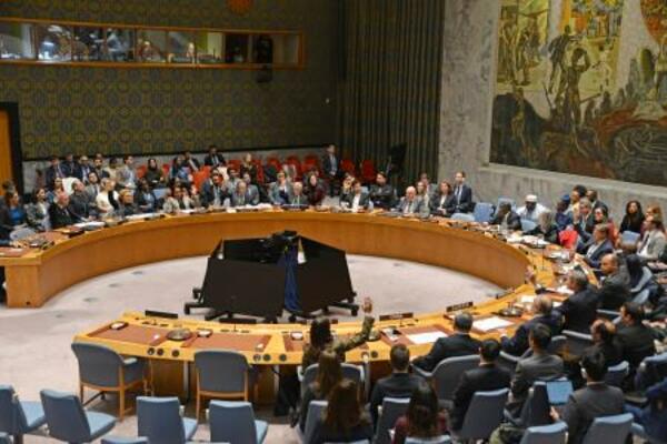 ガザ和平計画を支持する決議を採択する国連安全保障理事会=17日、米ニューヨークの国連本部(共同)