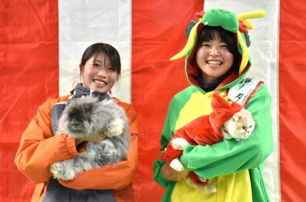 那須どうぶつ王国で行われた干支の引き継ぎ式＝26日午後、那須町大島