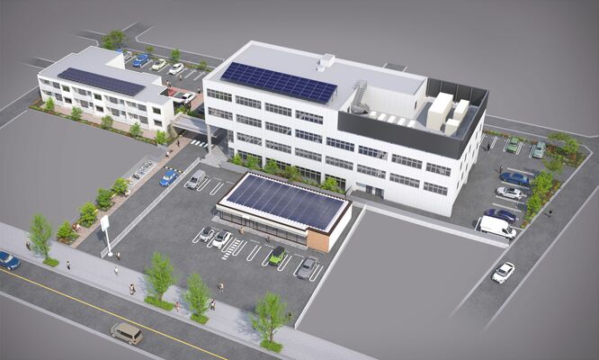 県自治会館などの完成予想図。中央が新会館、左奥が賃貸住宅、手前がコンビニ