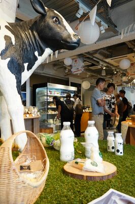 乳製品など那須塩原市の特産品が並ぶショールーム＝14日午前、東京・白金台