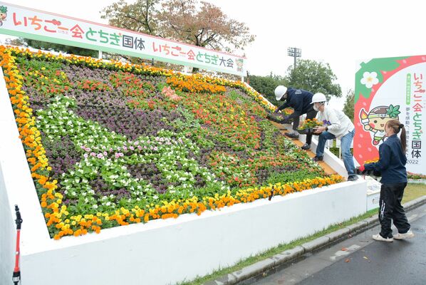 飾り花を設置する学生たち＝24日午前、県総合運動公園