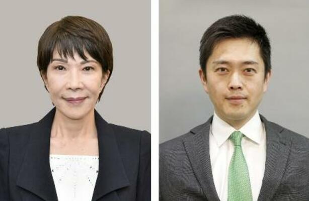 自民党の高市早苗総裁(左)、日本維新の会の吉村洋文代表