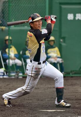 ７回、栃木ＧＢの飯原がホームランを放つ＝小山運動公園野球場