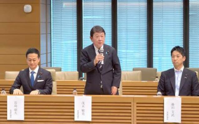 自民、日本維新の会、国民民主3党の「和平調停議員連盟」設立総会であいさつする茂木外相(中央)=19日午後、国会