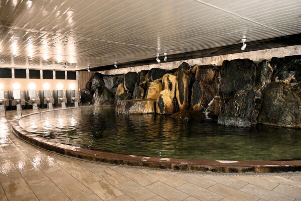 ダークトーンの落ち着いた雰囲気に改修された本館大浴場＝26日午後、那須塩原市