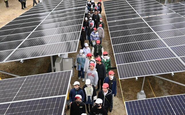 太陽光発電所を見学する児童ら