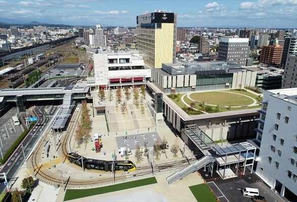 真新しい建物が立ち並ぶ中、ライトラインが走るＪＲ宇都宮駅東口周辺＝11日午後０時５分、宇都宮市宮みらい、ドローンから