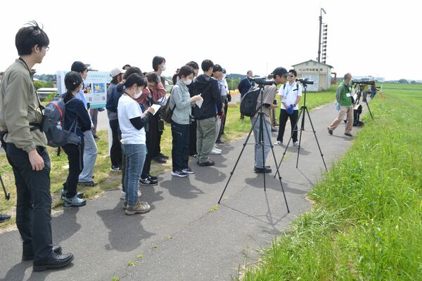 コウノトリの生息域などを視察する学生たち