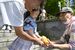 大前恵比寿神社の神使祭子供祭で川魚を放流する子ども＝５日午前10時20分、真岡市東郷