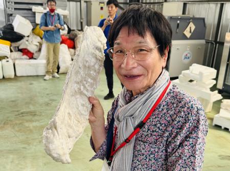 JRCで圧縮したプラスチックを手にする筆者=臨床教育研究所「虹」提供