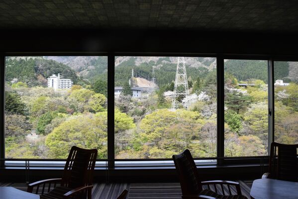 対岸の山々の四季の移ろいを一望できるロビーラウンジ