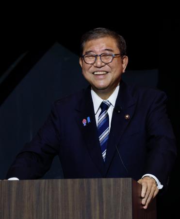 新興企業の支援イベントに出席した石破首相=17日午後、大阪市此花区の夢洲
