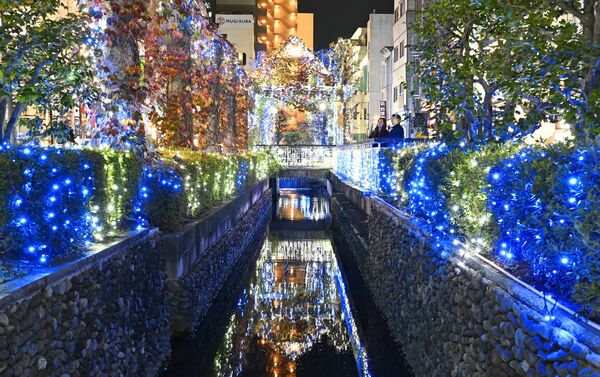 釜川を彩るイルミネーション＝20日午後５時55分、宇都宮市曲師町