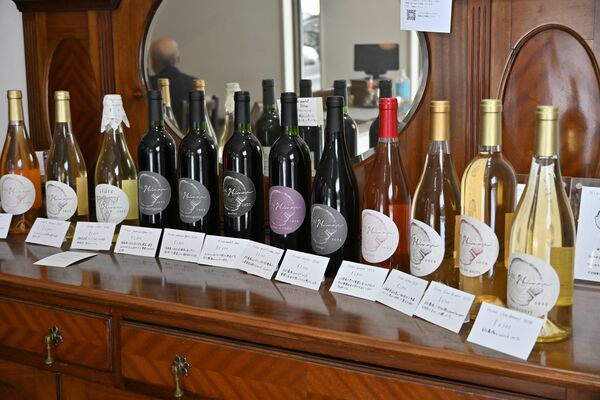 ヒノエワイナリーで醸造されたワインのラインアップ＝２月８日、宇都宮市新里町