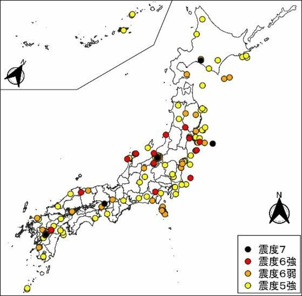 国内の震源の分布