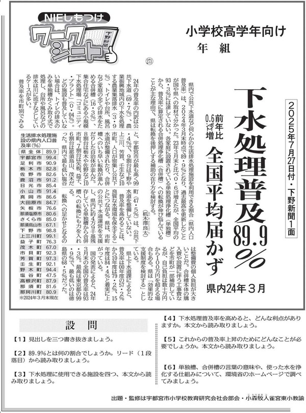 下水処理普及89.9％｜NIEしもつけワークシート｜NIEしもつけワーク