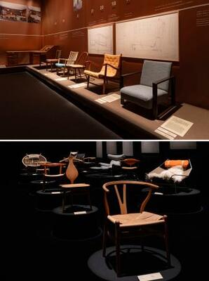 渋谷のヒカリエホールに並ぶハンス・ウェグナーさんの(右から)「ファーストチェア」「セカンドチェア」(上)、「Yチェア」(手前)など代表作の数々(下)(photo:Yuya Furukawa)(提供写真)