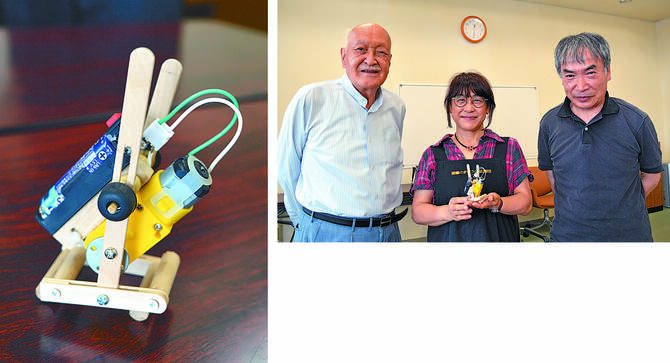 石塚さんが試作を重ねて磁石と乾電池、コイルを組み合わせて作ったロボット㊧、