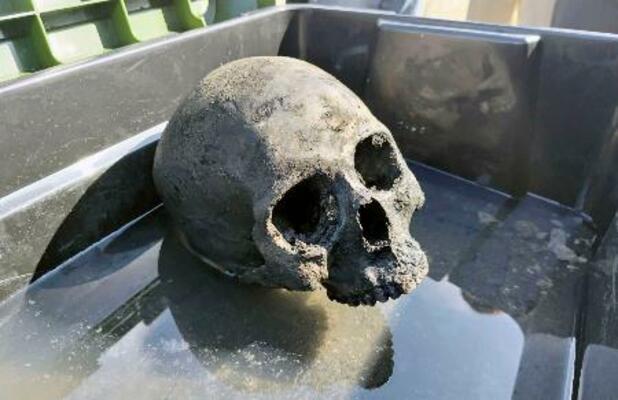 　海底炭鉱「長生炭鉱」の潜水調査で回収された頭蓋骨とみられる物＝２６日午後、山口県宇部市（長生炭鉱の水非常を歴史に刻む会提供）
