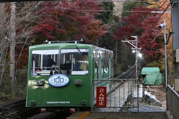 紅葉の下、開業１００周年のヘッドマークを備え運行するケーブルカー