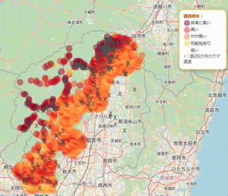 深澤准教授の研究室が公開している「栃木県クマ遭遇ＡＩ予測マップ」。遭遇確率が高い地点は濃い色のマーカーで示されている。