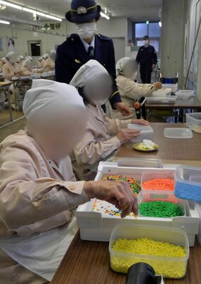 能力などに合った刑務作業が課せられる受刑者。作業中は黙々と手を動かしている=2015年2月、栃木刑務所(画像は一部加工しています)