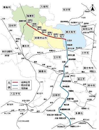多摩モノレールの路線図。左上の赤線が延伸予定区間(発表資料から引用)