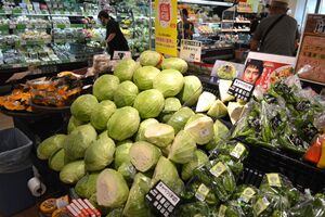 スーパーの野菜売り場。ここ数週間で値上がりしている＝28日午前、壬生町至宝３丁目