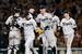 　プロ野球セ・リーグのＣＳファイナルステージ第３戦でＤｅＮＡに勝利し、日本シリーズ進出を決め笑顔の佐藤輝（右から３人目）ら阪神ナイン＝１７日、甲子園球場