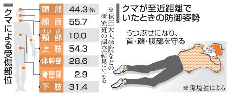 クマによる受傷部位、クマが至近距離でいた時の防御姿勢