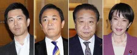 自民党の高市総裁(右端)と国会内で相次いで個別に会談した(左から)日本維新の会の吉村洋文代表、国民民主党の玉木雄一郎代表、立憲民主党の野田佳彦代表=10月15日