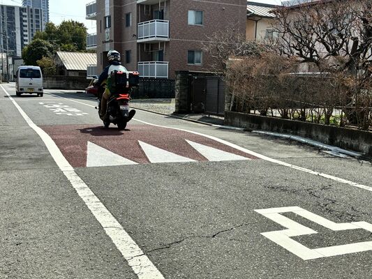 東塙田地区のゾーン３０プラス。△が記された道路上の凸部を減速して通過している