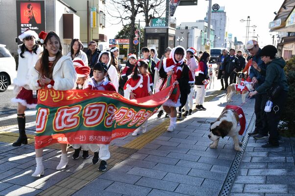 サンタクロースの仮装をしてパレードする犬と参加者