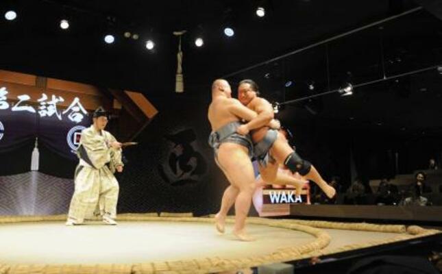 「THE SUMO LIVE RESTAURANT 日楽座」の相撲ショー=東京都中央区