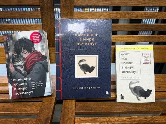 　モスクワ中心部の書店に並ぶ川村元気さんの小説「世界から猫が消えたなら」の翻訳本。同一出版社からさまざまなサイズで販売されている＝２２日（共同）