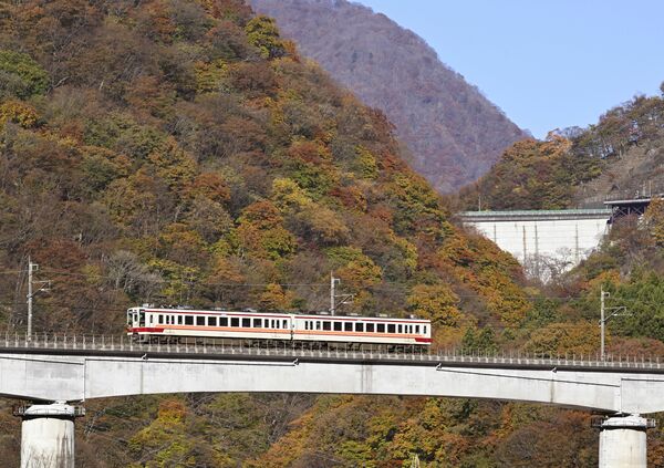 紅葉と野岩鉄道の列車。右後は川治ダム