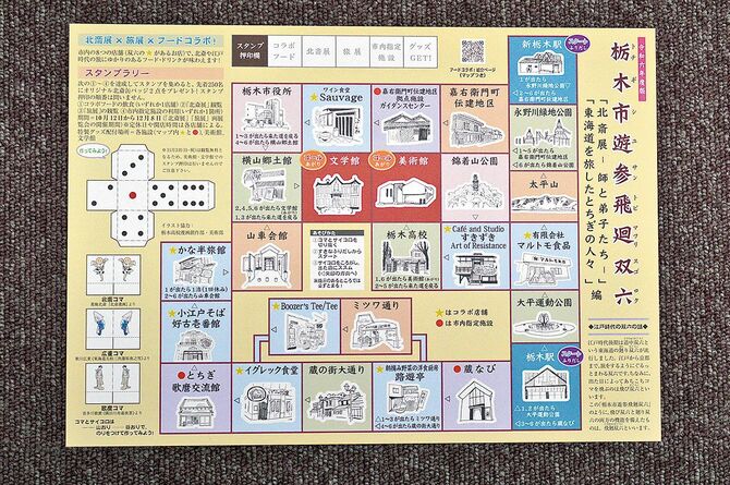 「北斎展×旅展×フードコラボ!」のスタンプラリーで使用する「栃木市遊参飛廻双六」